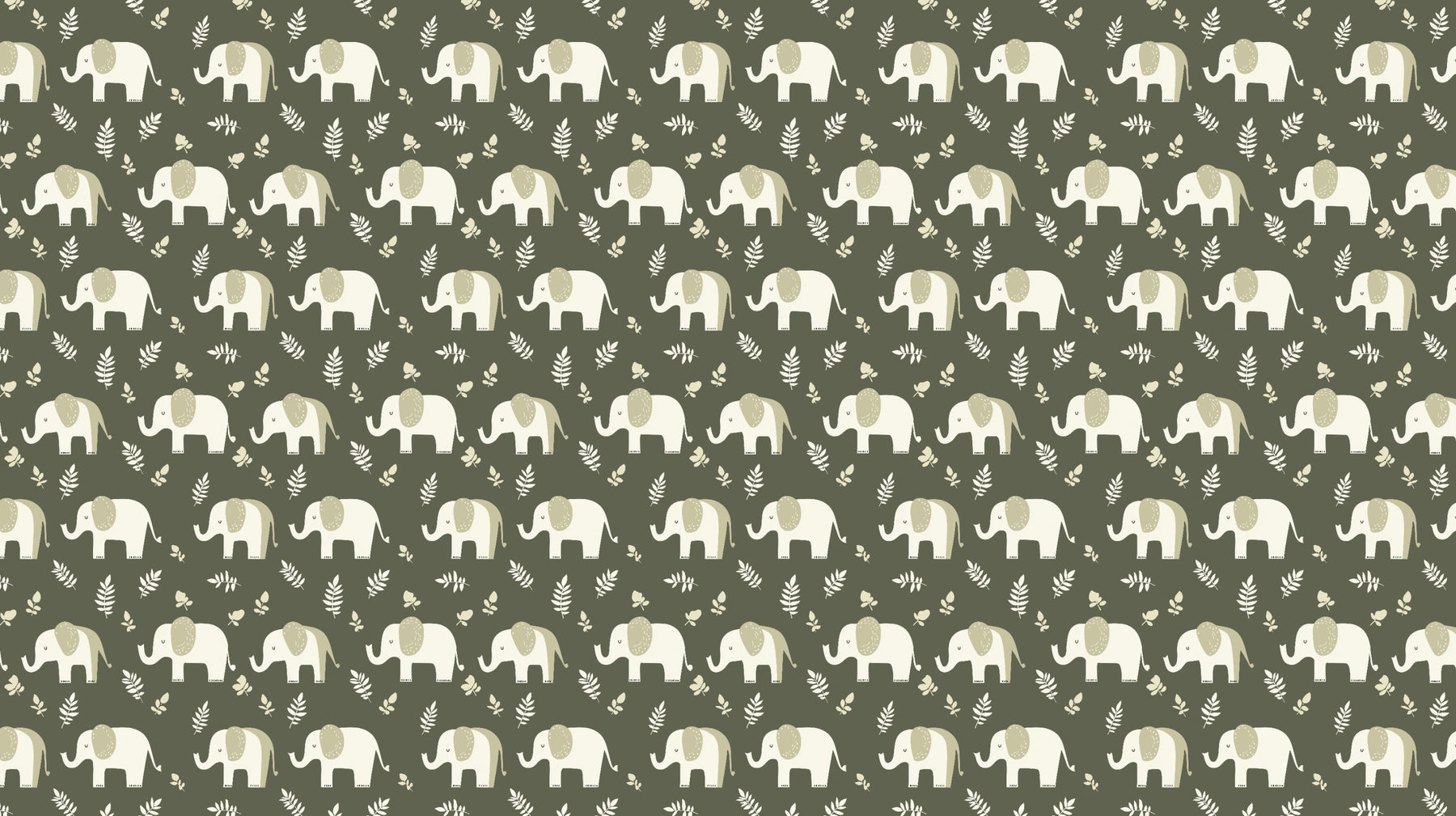 Detailed elephant mural wallpaper design pattern showing cute safari animals on green olive background by Kids-Mundo