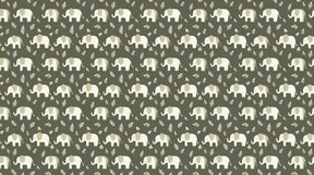 Detailed elephant mural wallpaper design pattern showing cute safari animals on green olive background by Kids-Mundo