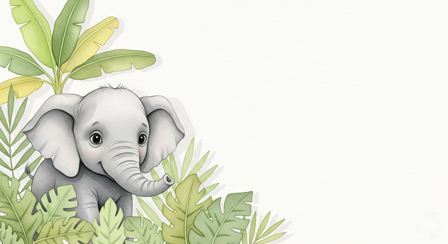 Detailed baby elephant and tropical foliage mural wallpaper design pattern by Kids-Mundo