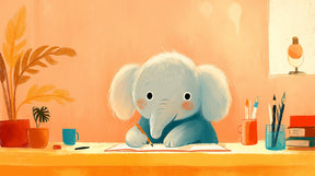 Detailed elephant artist mural wallpaper design pattern showing creative desk scene by Kids-Mundo
