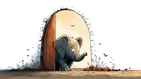 Detailed curious elephant mural wallpaper design pattern showing wooden door scene by Kids-Mundo