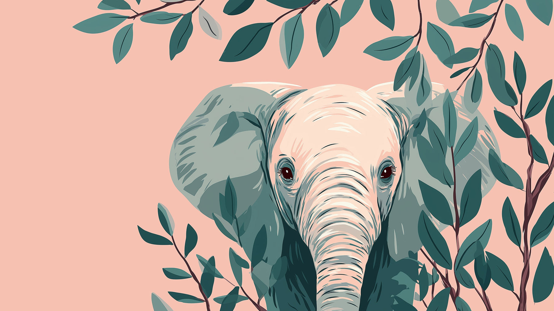 Detailed elephant and tropical leaves mural wallpaper design pattern by Kids-Mundo