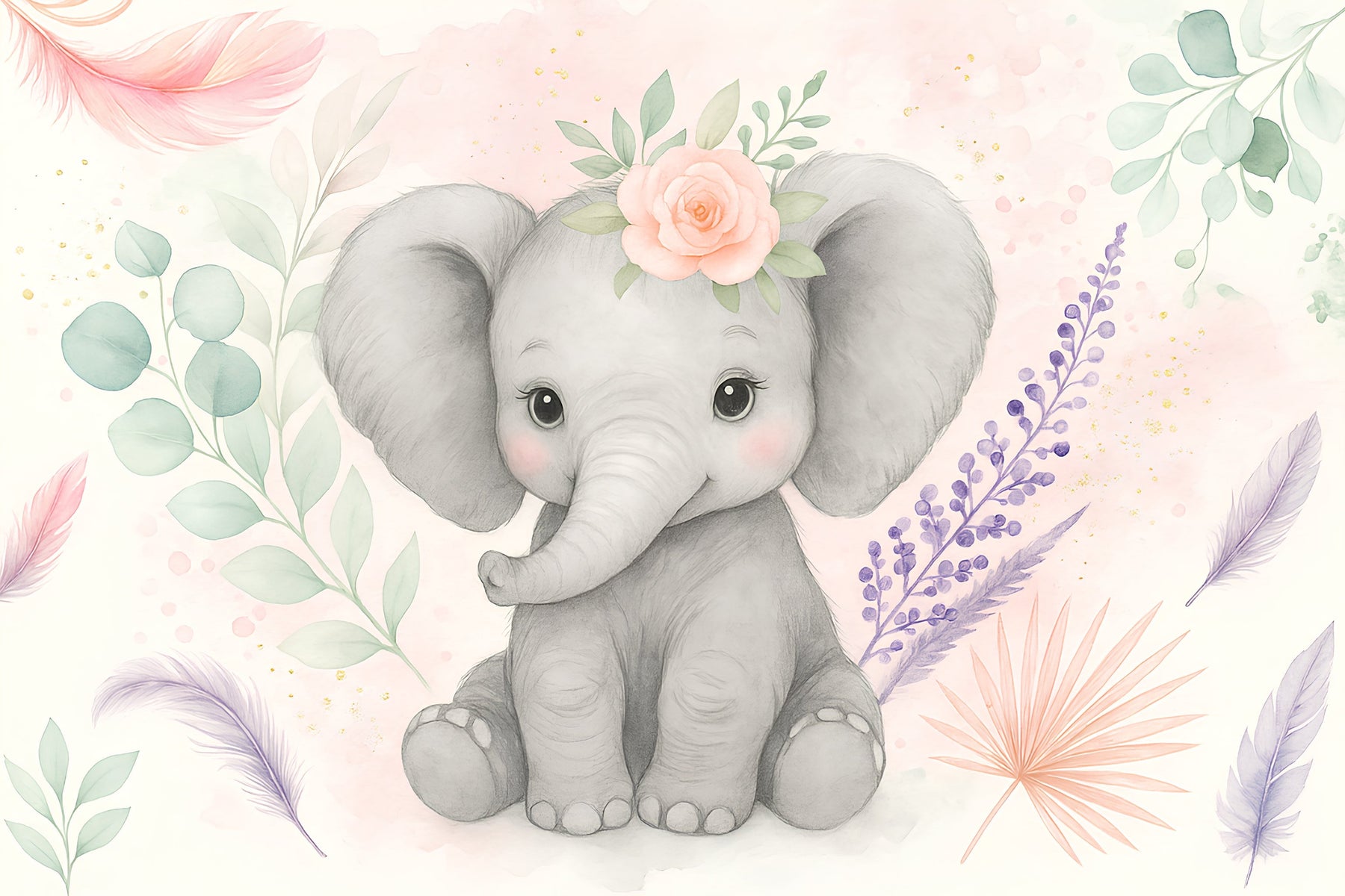 Detailed elephant with floral crown mural wallpaper design pattern by Kids-Mundo