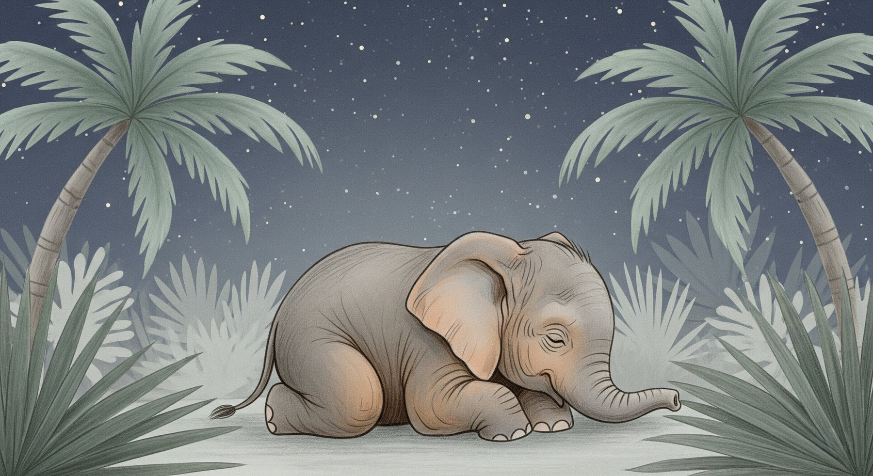 Detailed elephant under stars mural wallpaper design pattern with palm trees by Kids-Mundo