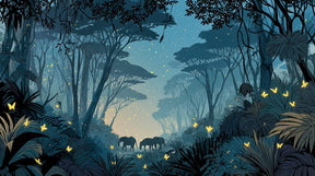 Detailed elephant mural wallpaper design pattern showing magical tropical forest with fireflies by Kids-Mundo