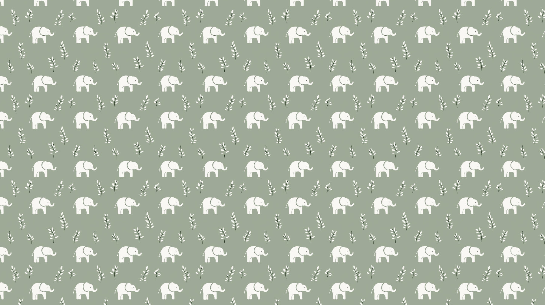Detailed white elephant mural wallpaper design pattern with botanical elements on green background by Kids-Mundo