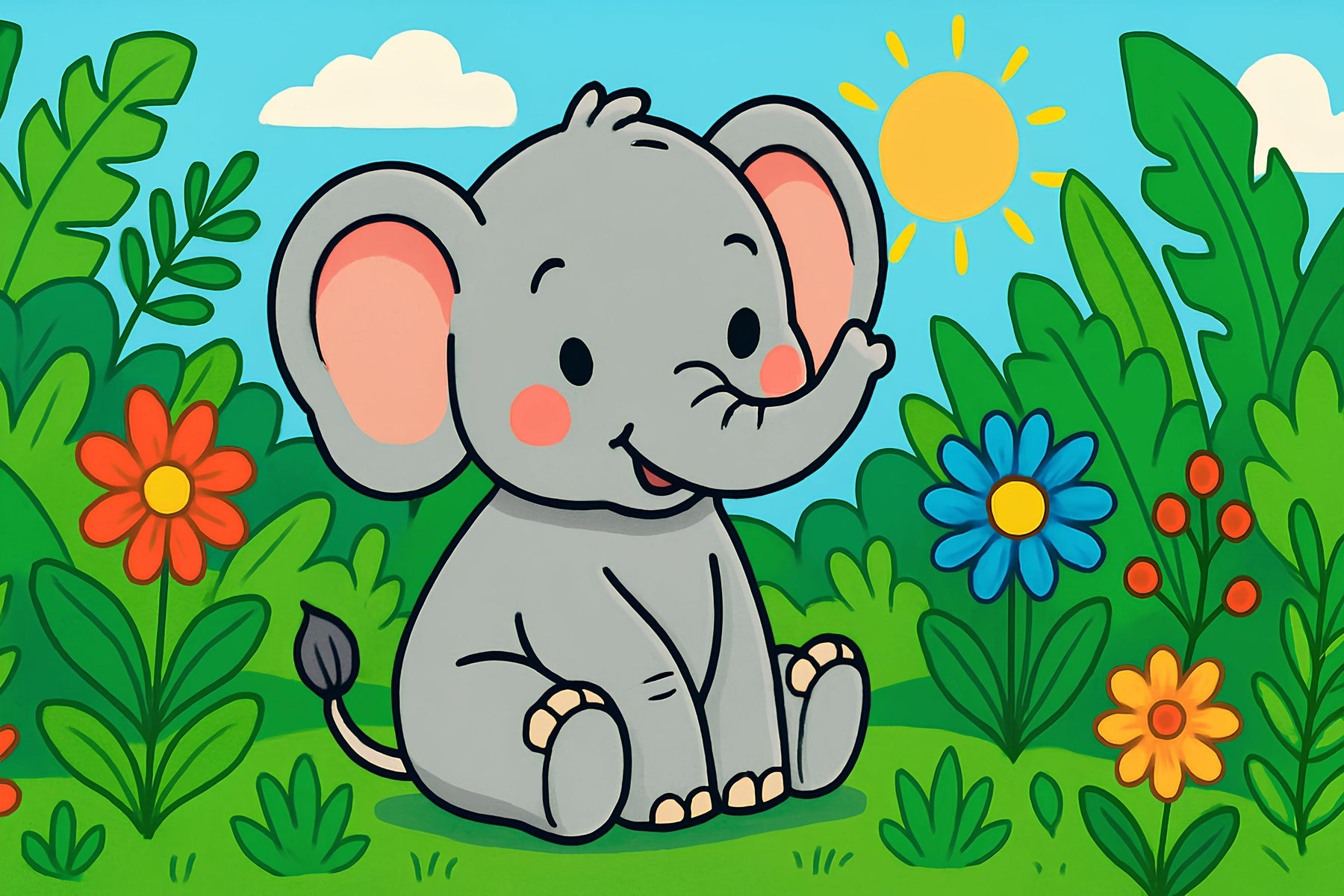 Detailed elephant forest mural wallpaper design pattern with colorful flowers by Kids-Mundo
