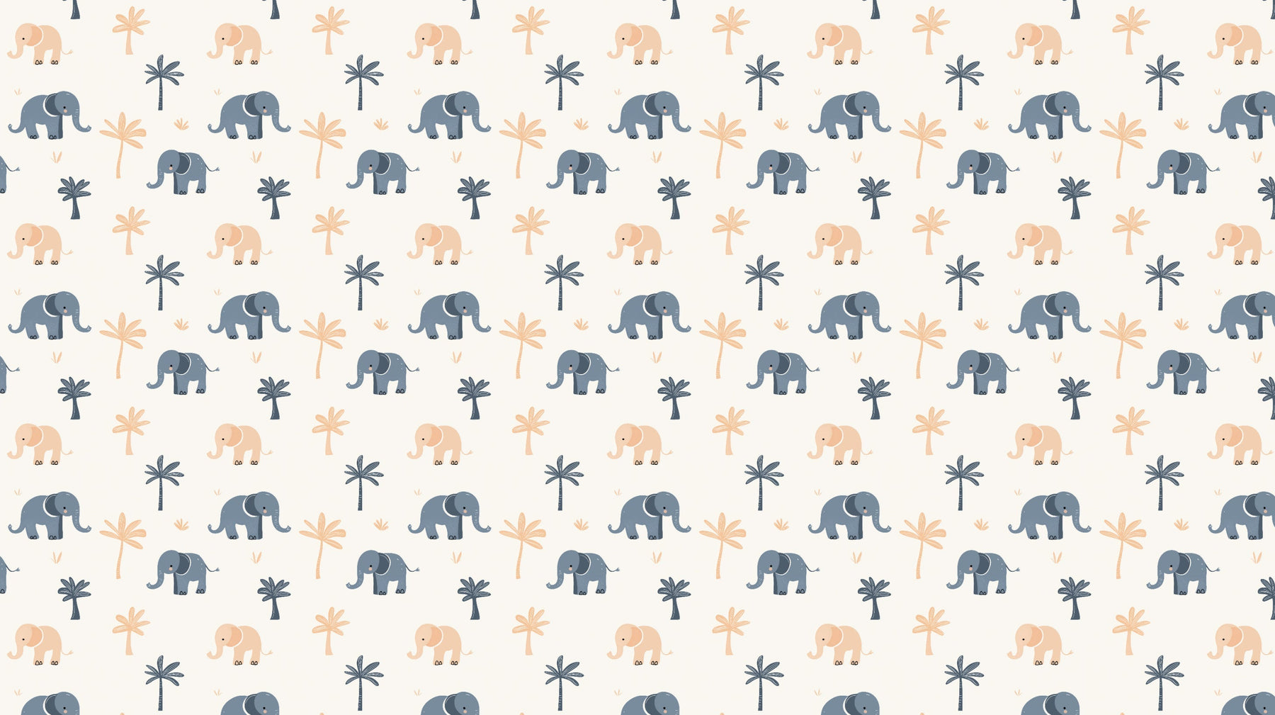 Detailed elephant and palm tree mural wallpaper design pattern in soft blue and pink by Kids-Mundo