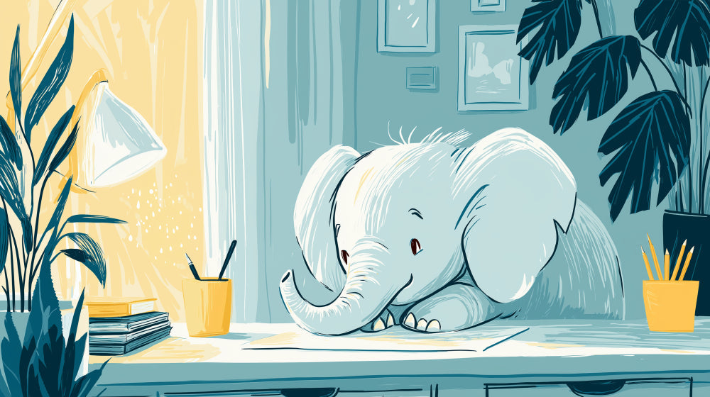 Detailed studious elephant mural wallpaper design pattern showing desk scene by Kids-Mundo