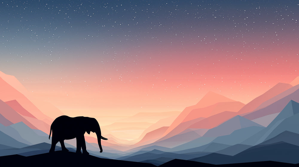 Detailed elephant sunset mural wallpaper design pattern with pastel mountain silhouettes by Kids-Mundo