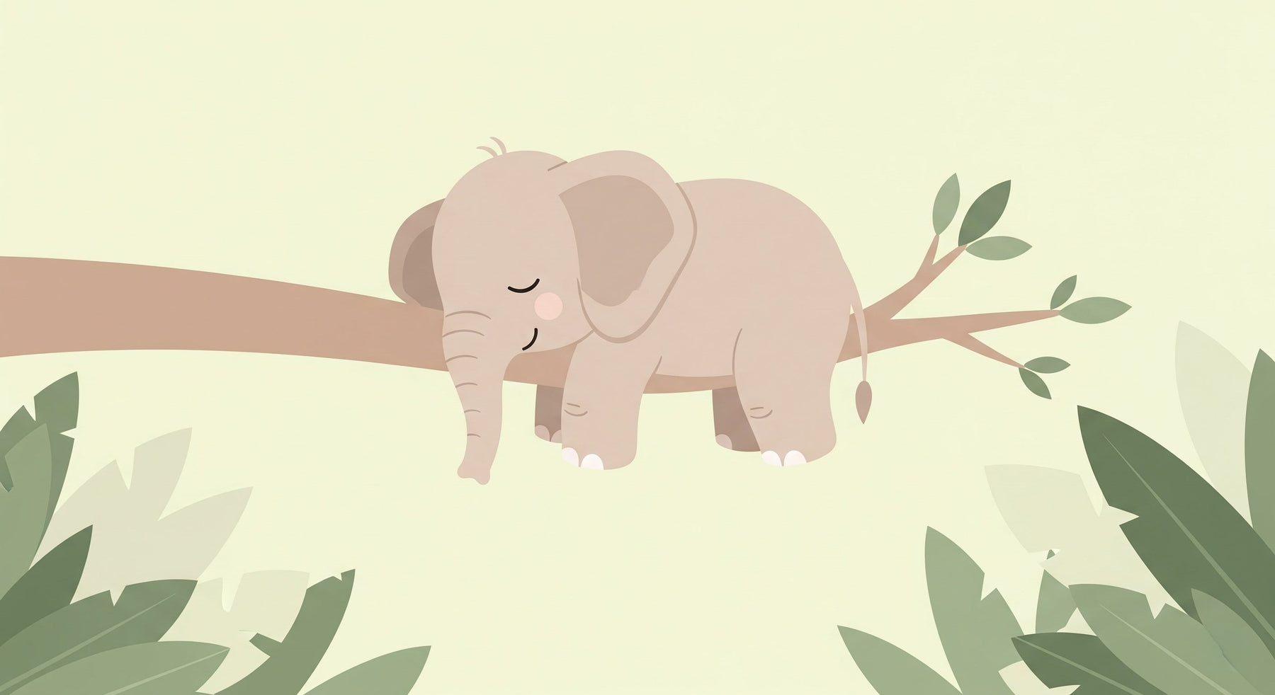 Detailed sleeping elephant on branch mural wallpaper design pattern with soft green foliage by Kids-Mundo