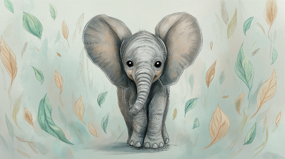 Detailed elephant and forest leaves mural wallpaper design pattern by Kids-Mundo