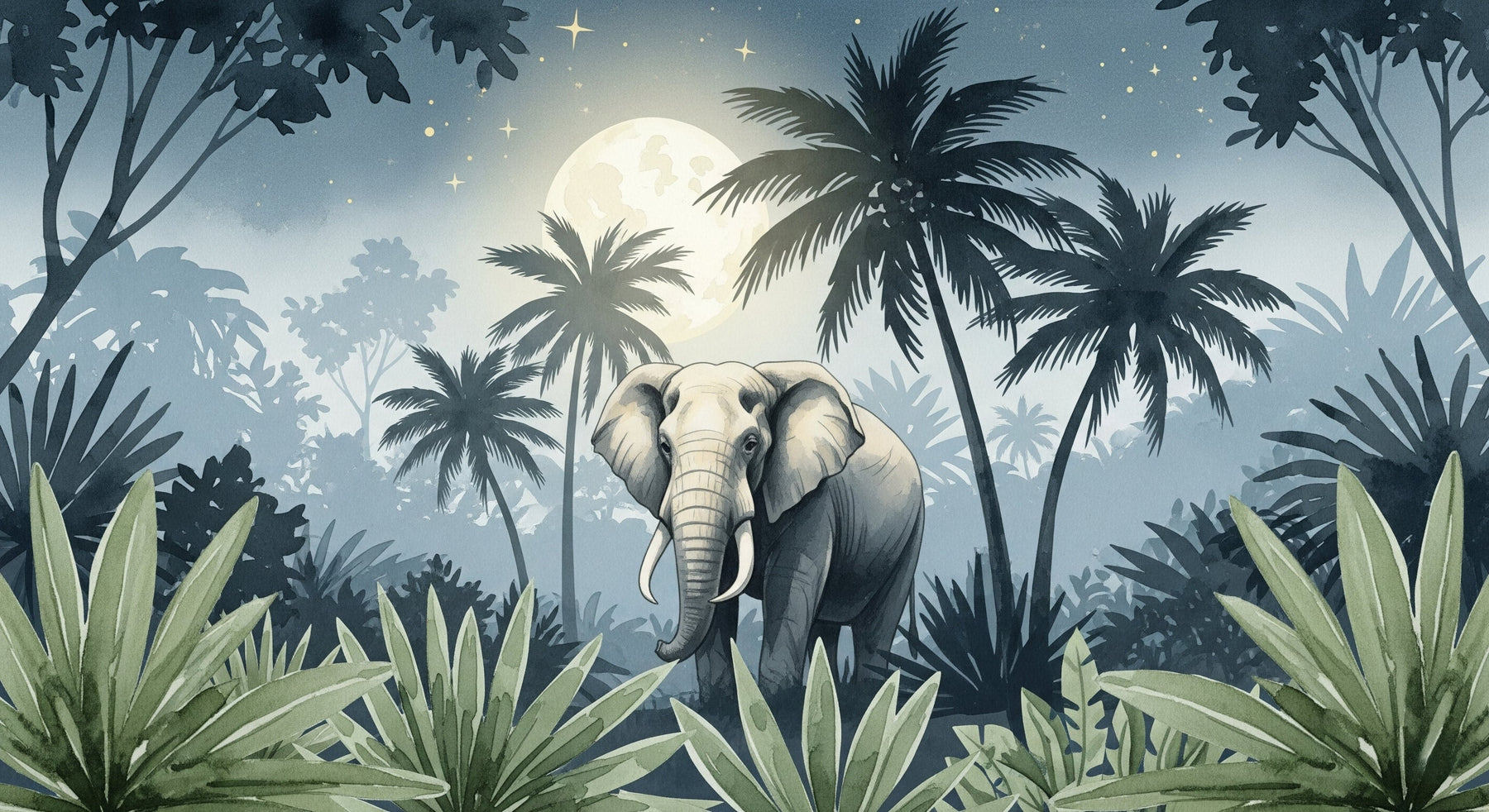 Detailed elephant jungle mural wallpaper design pattern with moon and palm trees by Kids-Mundo