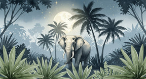 Detailed elephant jungle mural wallpaper design pattern with moon and palm trees by Kids-Mundo