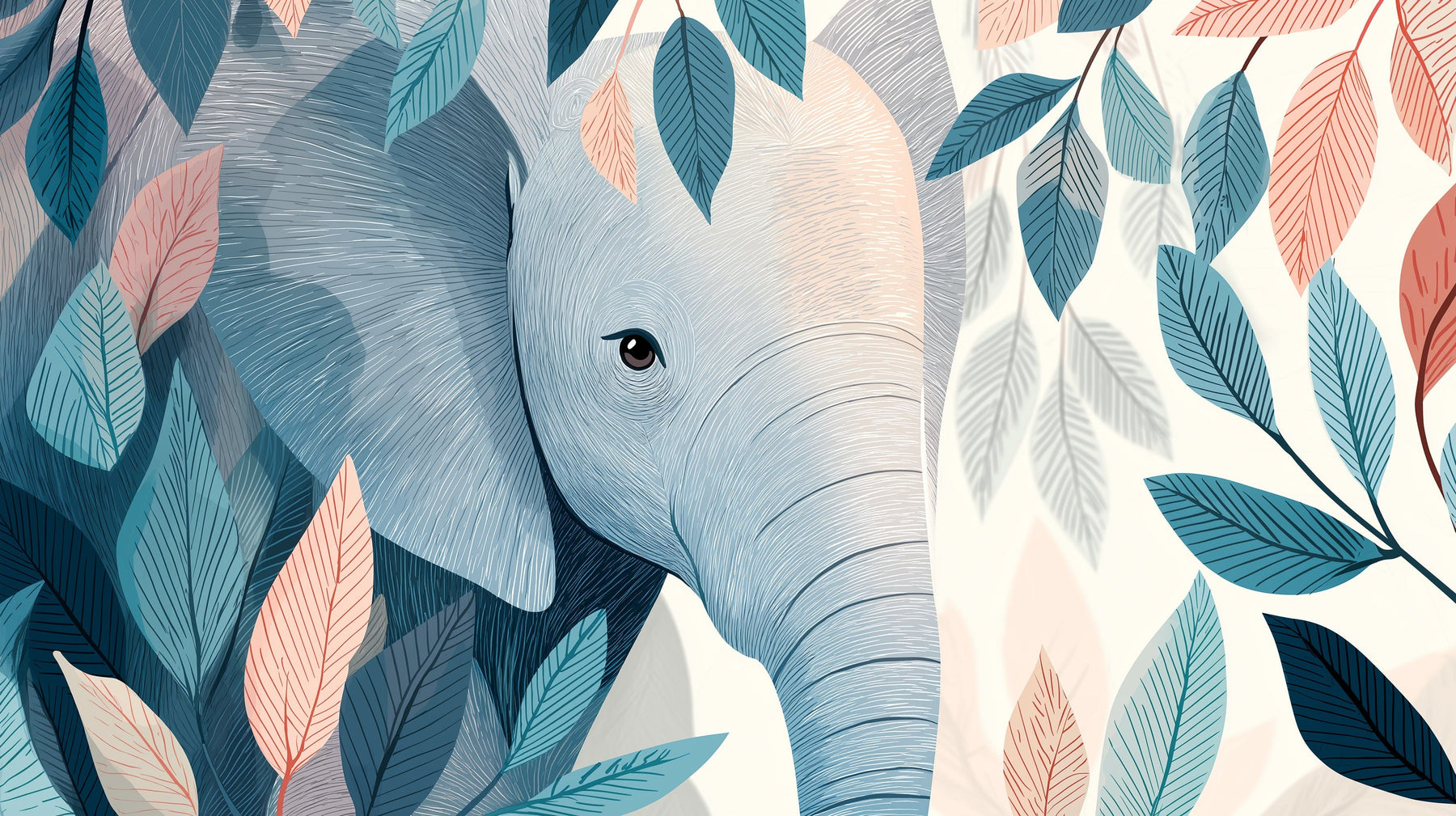 Detailed elephant and botanical foliage mural wallpaper design pattern by Kids-Mundo