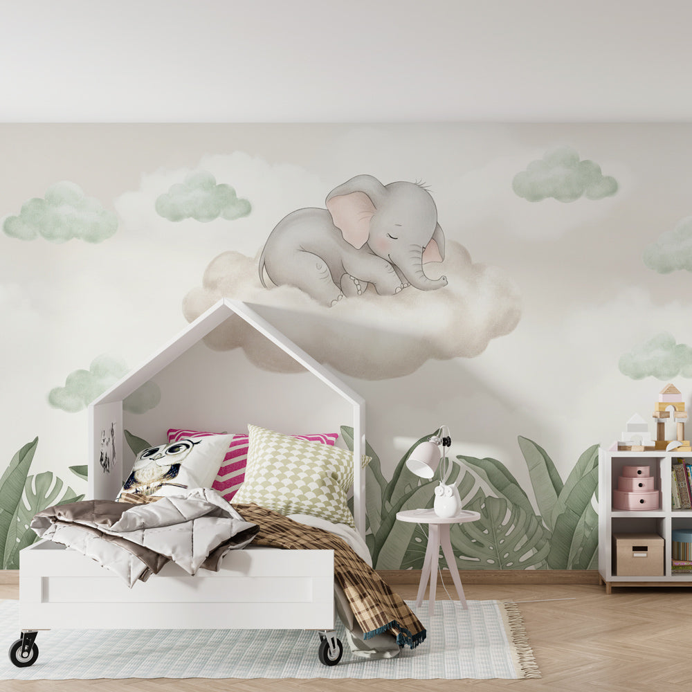 Gentle elephant mural wallpaper transforming toddler room into tranquil sleep sanctuary