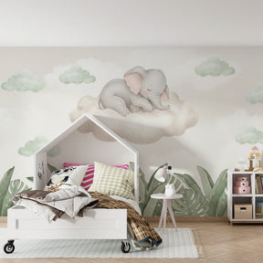 Gentle elephant mural wallpaper transforming toddler room into tranquil sleep sanctuary