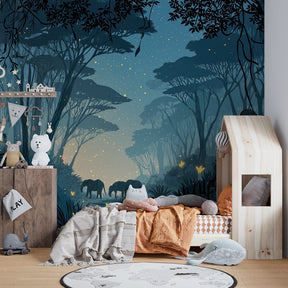 Nature-inspired elephant mural wallpaper showing peaceful forest animals in blue-green twilight setting