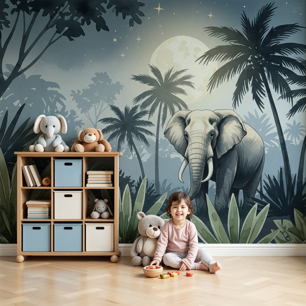 Elephant jungle mural wallpaper in modern nursery with natural wood crib by Kids-Mundo