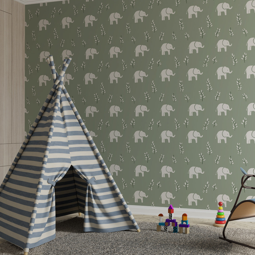Elephant themed mural wallpaper in children's bedroom showing safari animals on calming green wall