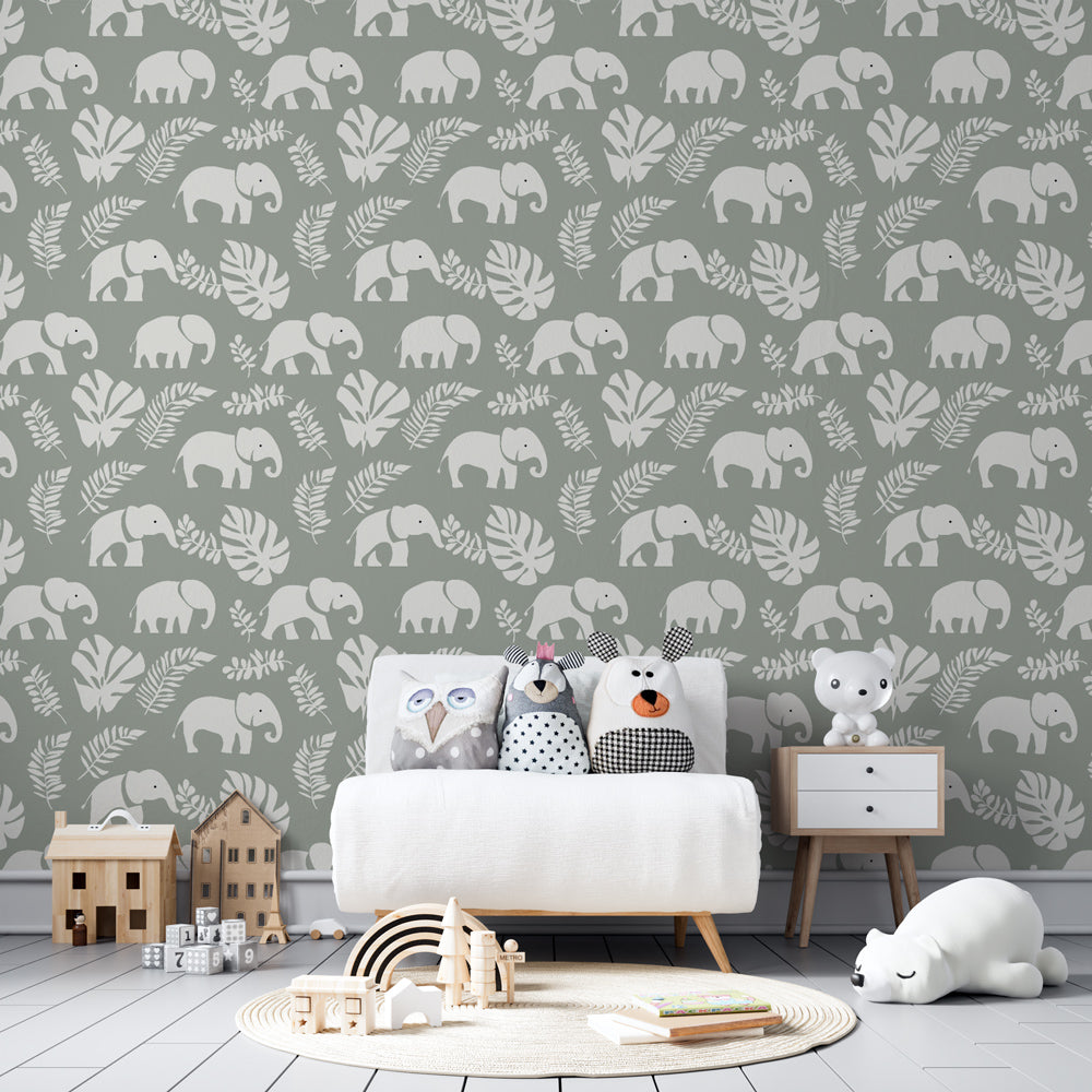 Safari elephant wallpaper in modern children's bedroom with natural wood furniture