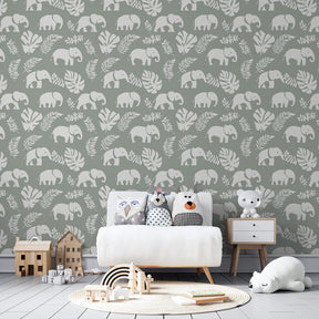 Safari elephant wallpaper in modern children's bedroom with natural wood furniture
