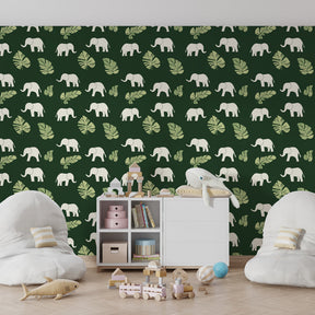 Safari elephant wallpaper creating jungle-themed children's bedroom decor with green background