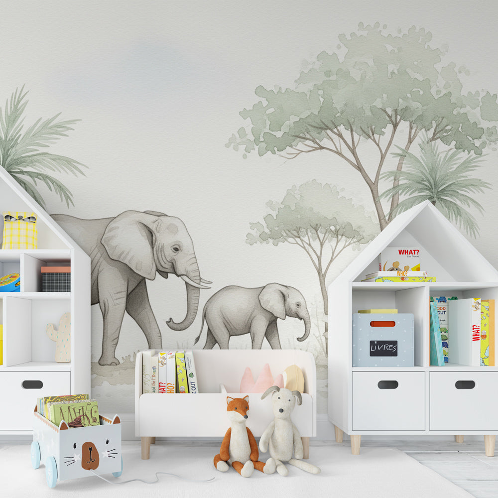 Safari elephant wallpaper transforming children's bedroom with natural green tones