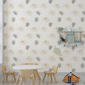 Safari elephant wallpaper creating calm atmosphere in children's bedroom with pastel decor