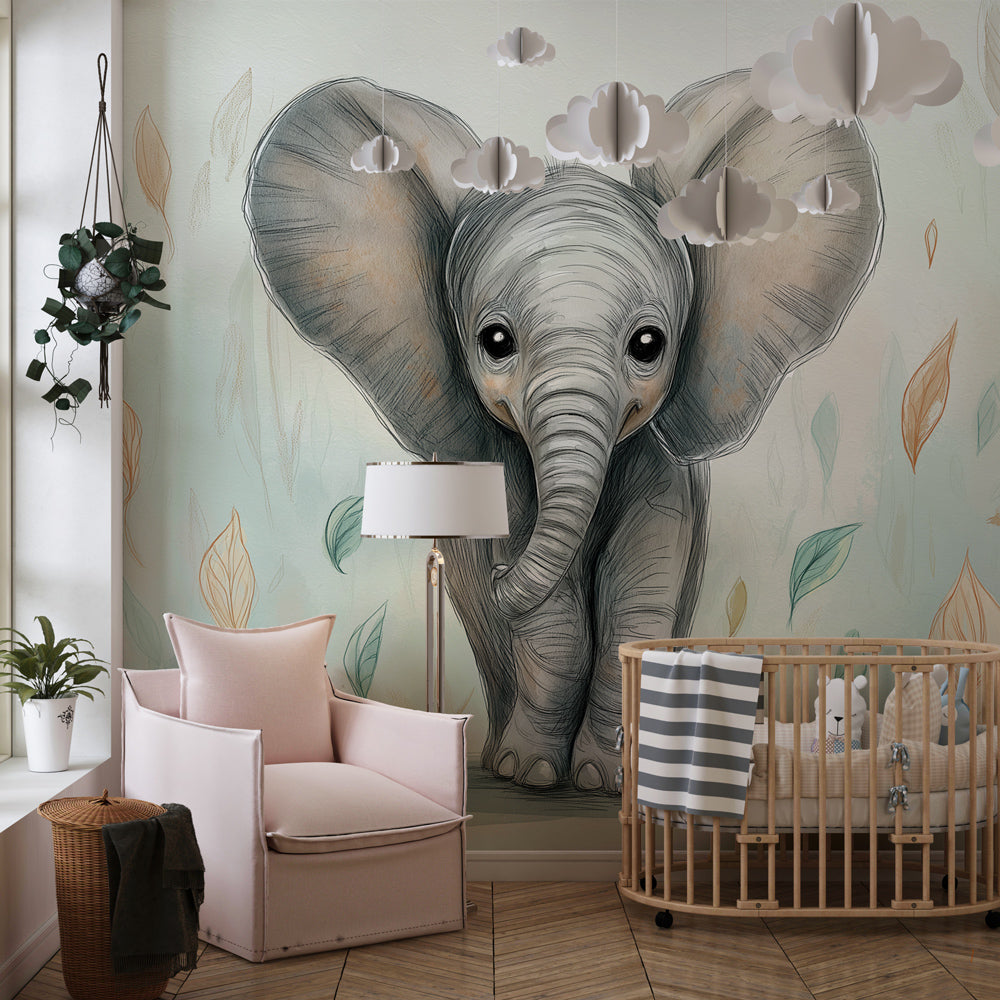 Elephant and leaves wallpaper creating peaceful children's bedroom decor with natural tones