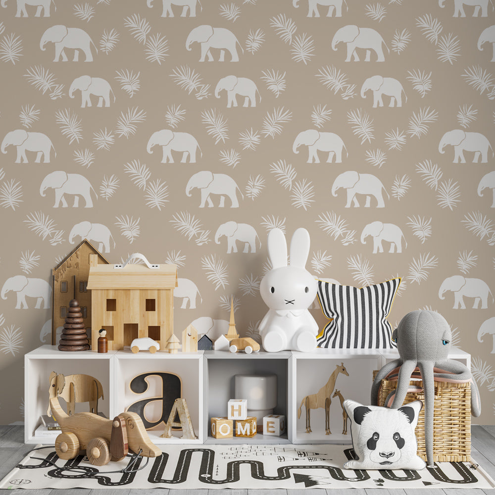 Children's elephant wallpaper with botanical elements creating calm atmosphere in kids bedroom