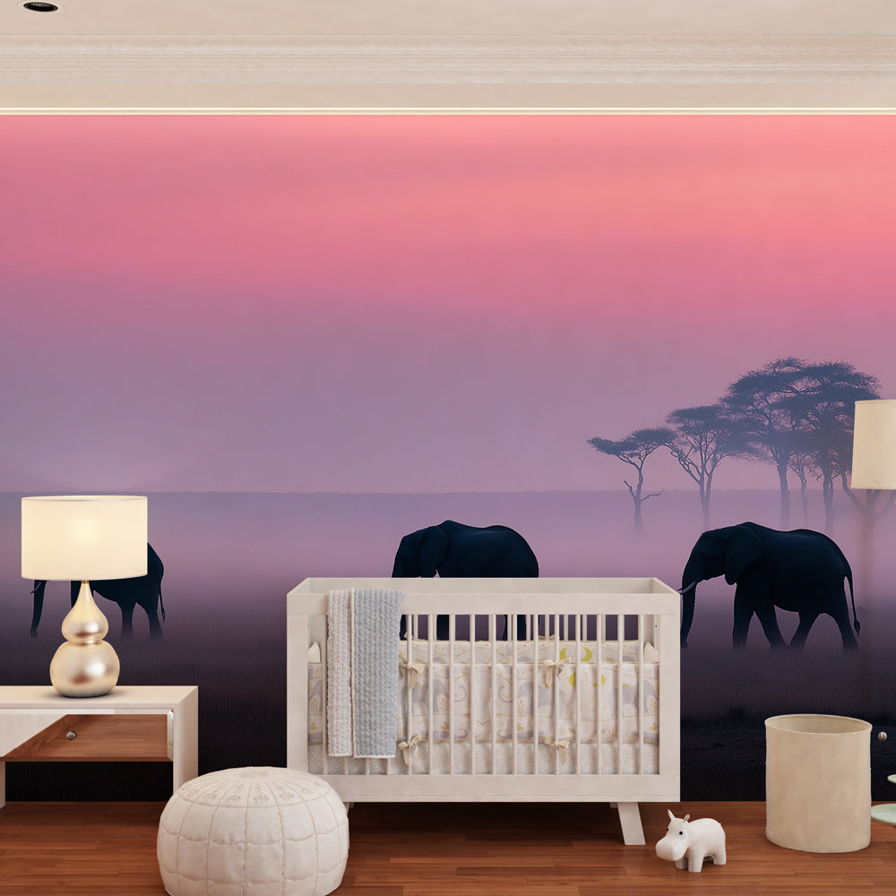 Misty elephant savanna mural wallpaper transforming toddler room into wildlife sanctuary