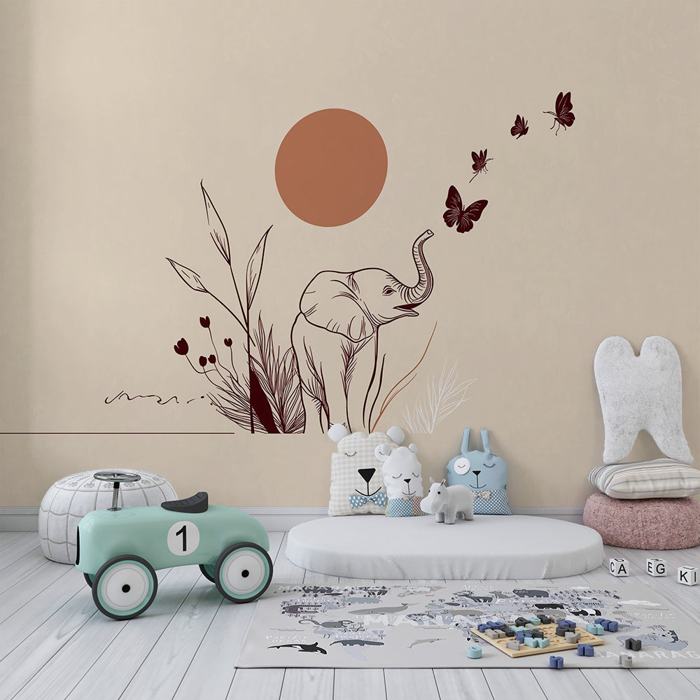 Gentle elephant and butterfly mural wallpaper for toddler room with natural wood furniture