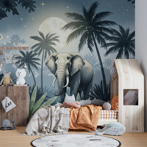 Moonlit elephant wallpaper creating peaceful atmosphere in children's bedroom decor