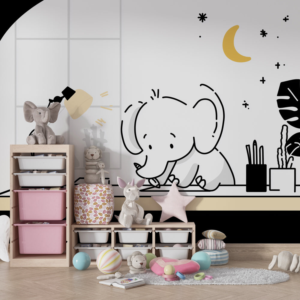 Night scene elephant wallpaper for children's room featuring stars and educational theme