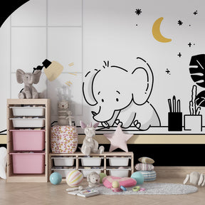 Night scene elephant wallpaper for children's room featuring stars and educational theme