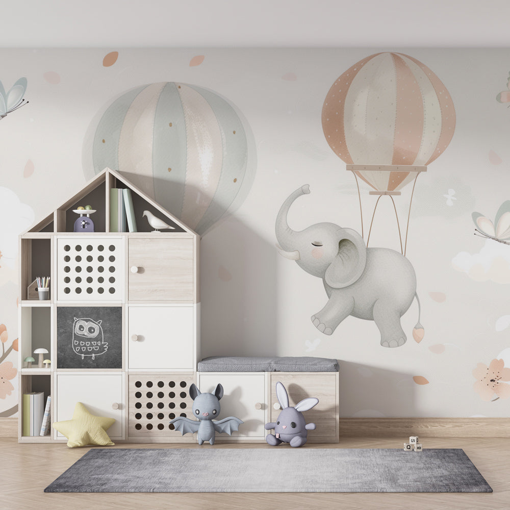 Whimsical elephant wallpaper with butterflies transforming nursery wall space