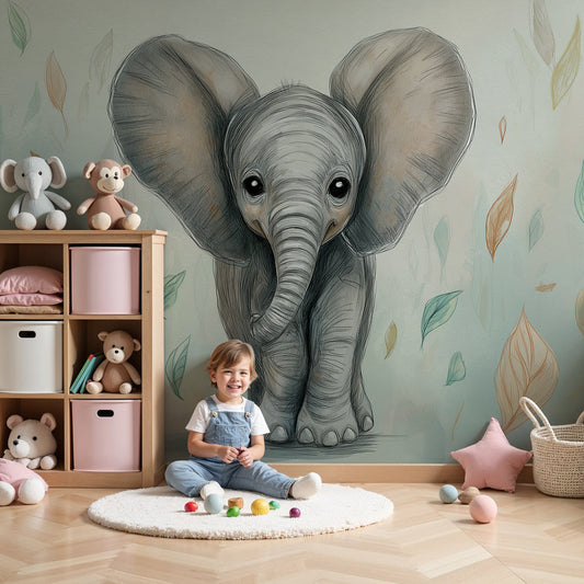 Cute elephant forest mural wallpaper in modern nursery room setting by Kids-Mundo