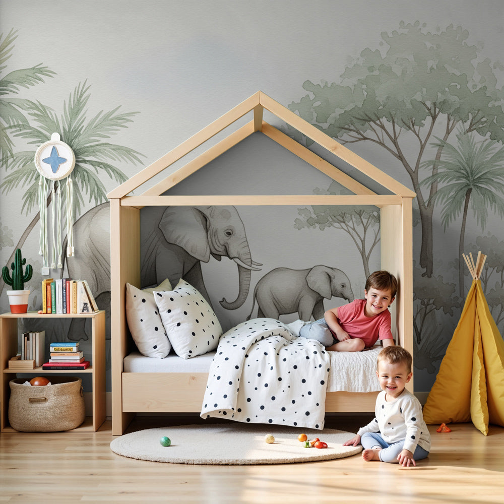 Elephant mural wallpaper with mother and baby creating serene nursery decor by Kids-Mundo