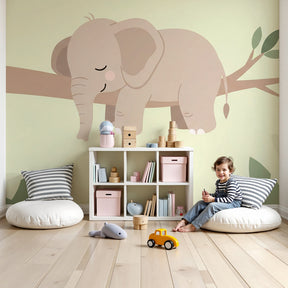 Sleeping elephant mural wallpaper creating peaceful nursery decor with natural green tones by Kids-Mundo