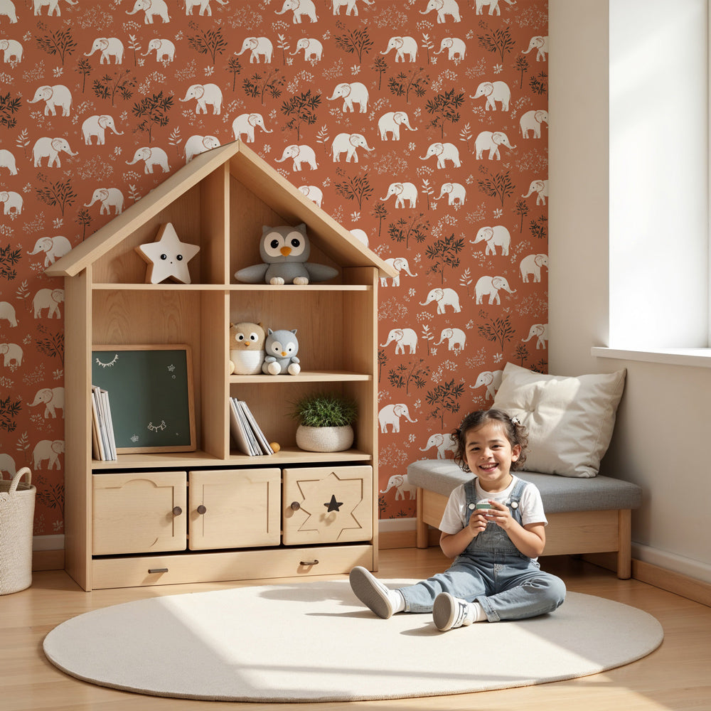 Elephant garden mural wallpaper in modern nursery room setting by Kids-Mundo