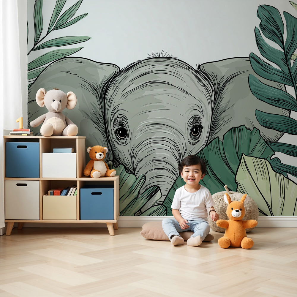 Curious elephant mural wallpaper with tropical leaves decorating modern nursery by Kids-Mundo