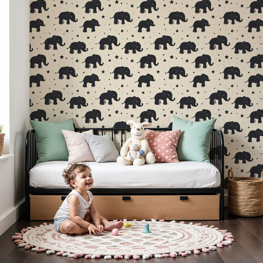 Black elephant mural wallpaper creating dreamy nursery decor with cream background by Kids-Mundo