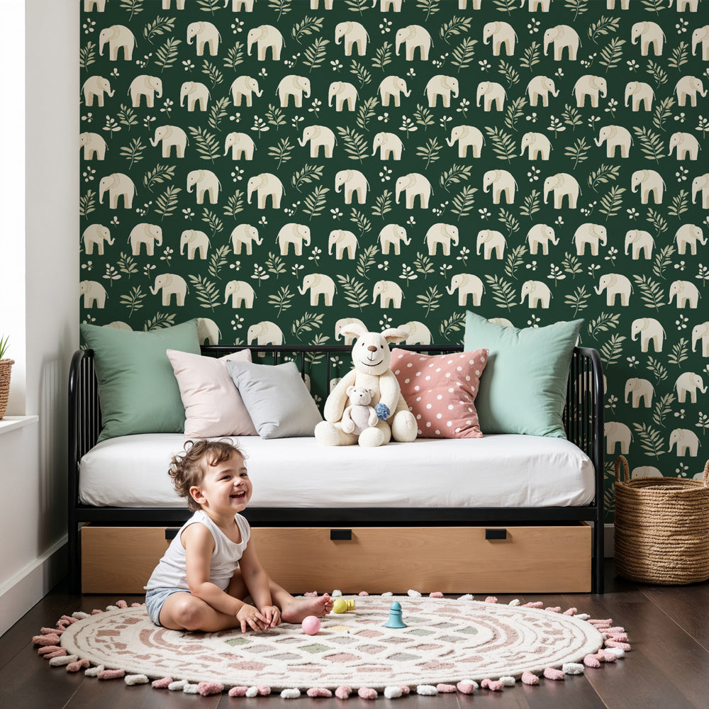 Elephant safari mural wallpaper decorating modern nursery with green botanical theme by Kids-Mundo