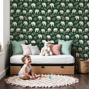 Elephant safari mural wallpaper decorating modern nursery with green botanical theme by Kids-Mundo