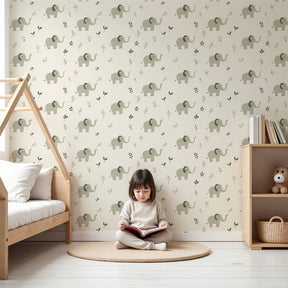 Gentle elephant mural wallpaper creating serene nursery atmosphere with soft foliage design by Kids-Mundo
