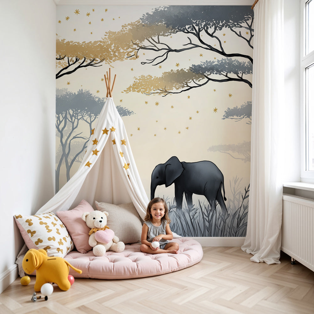 Elephant safari mural wallpaper creating dreamy nursery atmosphere with starry night theme by Kids-Mundo
