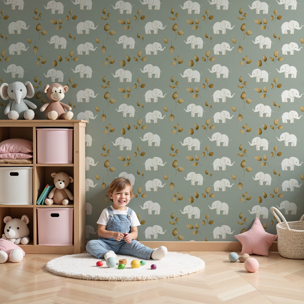 Cute elephant mural wallpaper with golden leaves decorating modern nursery by Kids-Mundo