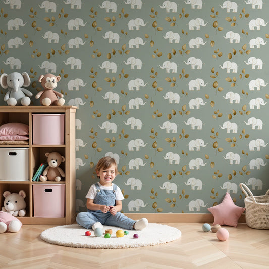 Cute elephant mural wallpaper with golden leaves decorating modern nursery by Kids-Mundo