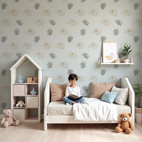 Gentle elephant mural wallpaper in peaceful nursery setting with natural wood furniture by Kids-Mundo